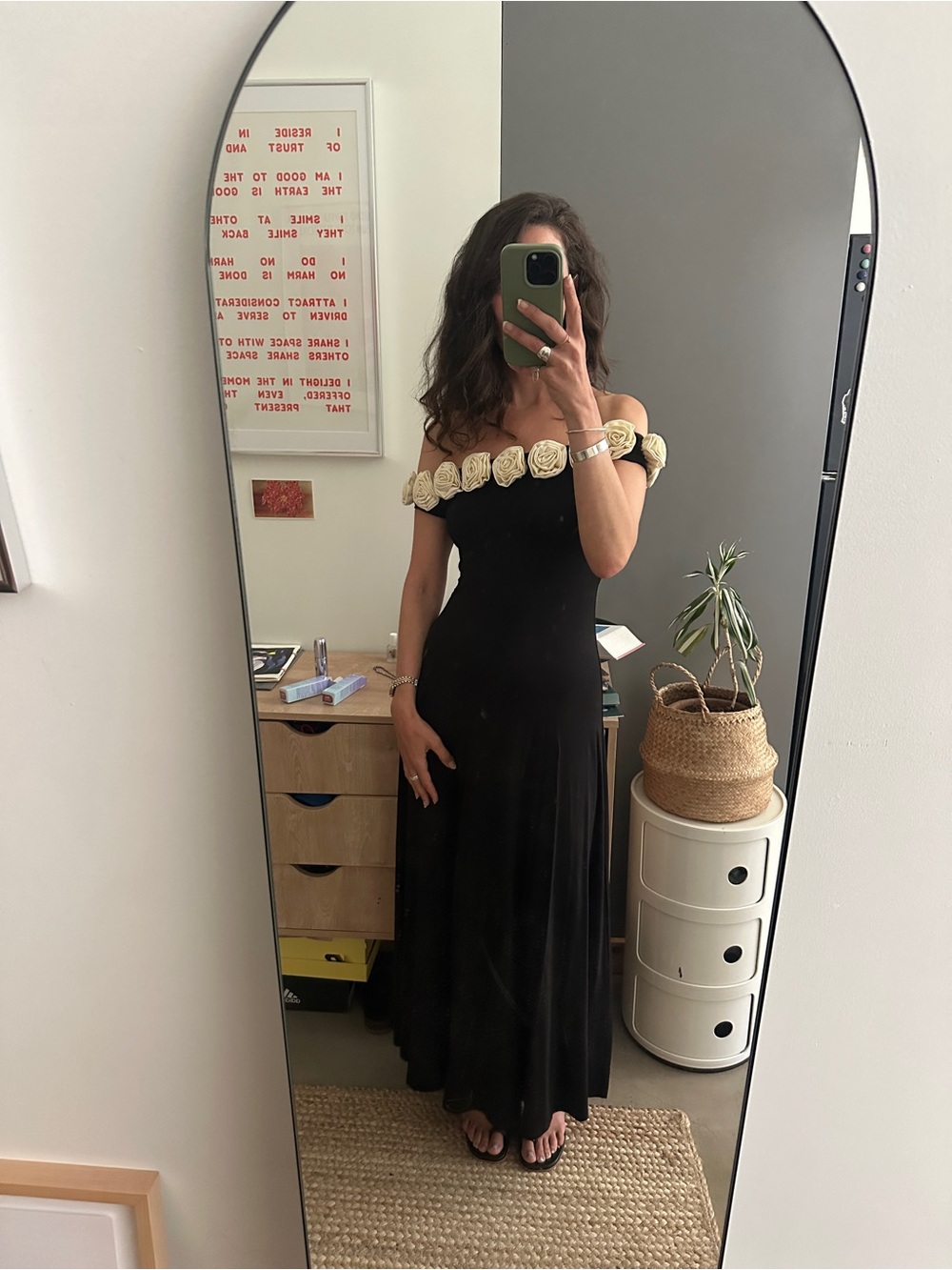Off-Shoulder Black Maxi Dress with Cream Rose Trim - Picture 2 of 5